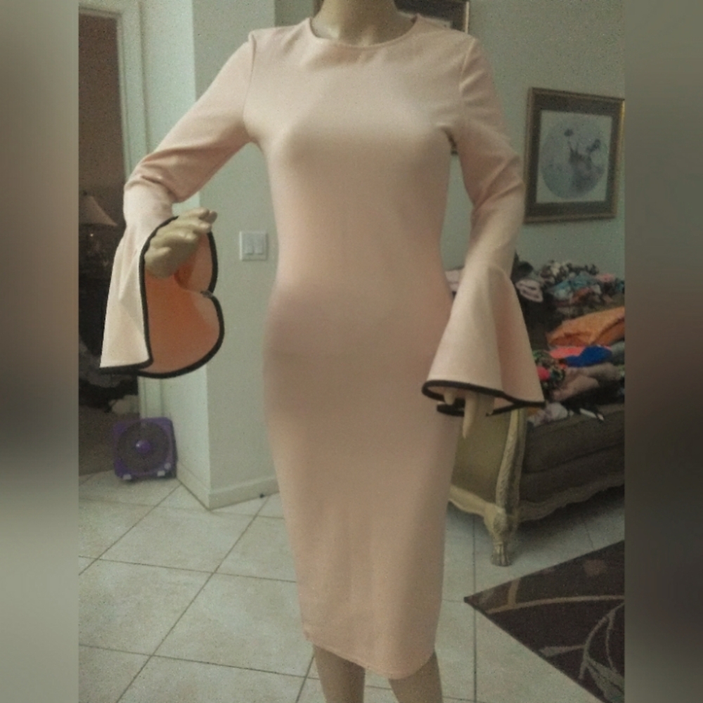 BNWOT Elegant Bell Sleeve Dress BY BOOHOO NIGHT SZ. 6 PEACHY-LIKE W/ BLACK LINES